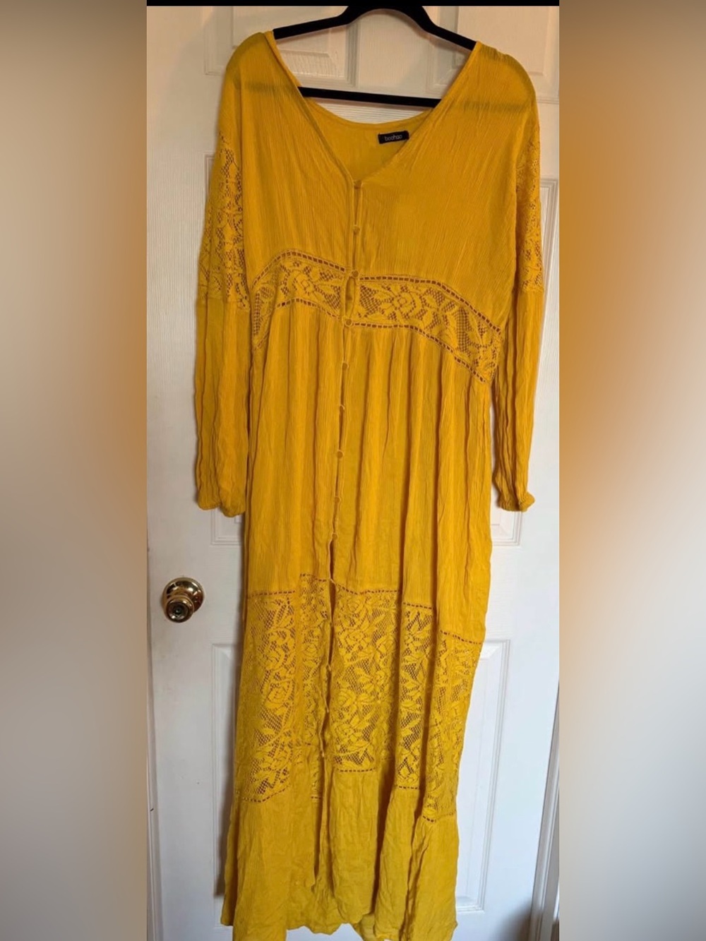 Boohoo Mustard Lace-Trim Long Sleeve Maxi Dress